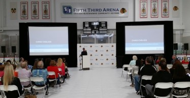 Chicago Blackhawks.  We provided sound and video projection on the ice for a private event, featuring guest speaker NHL Hall of Famer Chris Chelios.